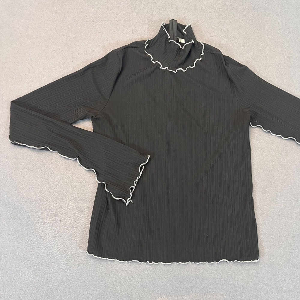 Zara Womens Sz Large Ruffle Peasant Long Sleeve Top Bell Knit Black 2 Tone Mock